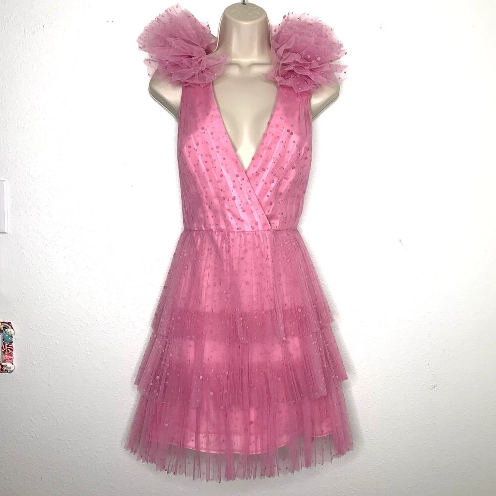 Monique Lhuillier Pink Tiered Tulle Backless V-Neck Mini Dress - Picture 1 of 8